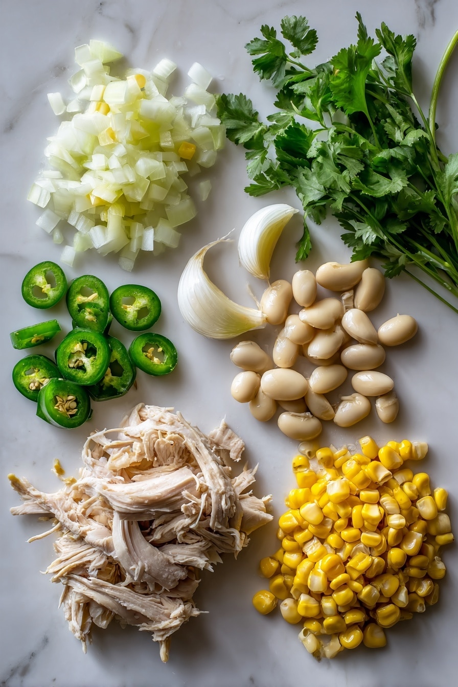 Flat lay of diced yellow onion with its translucent layers, two cloves of peeled garlic showing their smooth white surfaces, bright green diced chiles with a glossy texture, vibrant golden whole kernel corn glistening under the light, creamy white cannellini beans with a smooth finish, shredded rotisserie chicken showing tender, juicy fibers in warm beige tones, fresh cilantro sprigs with bright green feathery leaves, and sliced fresh jalapenos displaying shiny dark green skin and seeds inside, all beautifully arranged with a natural, slightly scattered layout that highlights their fresh textures and colors, placed on white marbled surface, photo taken with an iphone --ar 2:3 --v 7