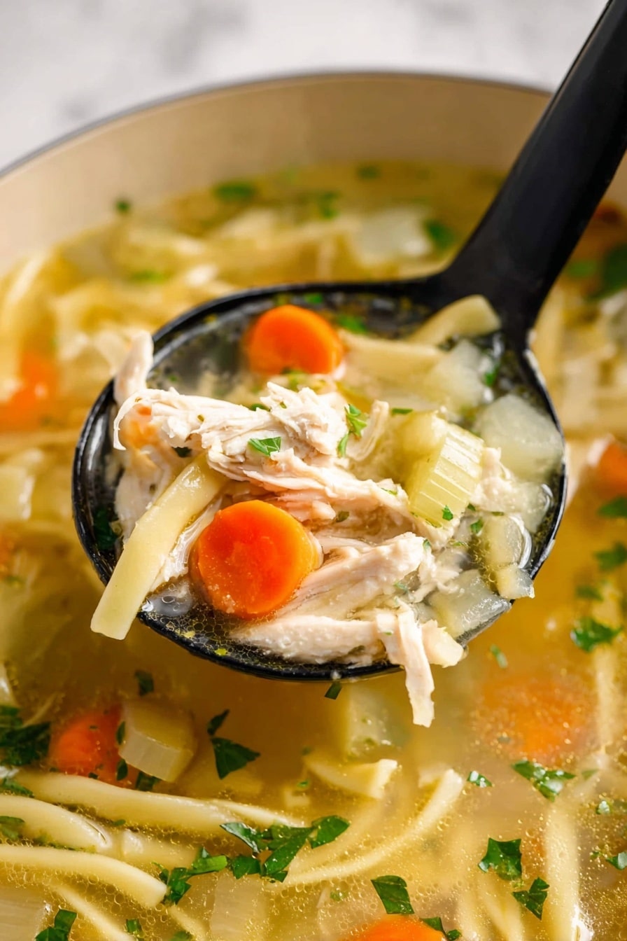 The image shows a black ladle lifting a serving of chicken noodle soup from a bowl. The ladle holds layers of light beige shredded chicken pieces on top, bright orange carrot slices next to it, and translucent celery chunks underneath, all mixed in a clear golden broth. Thin strips of pale yellow noodles are scattered around the ladle, floating in the broth with small green parsley bits. The background is a white marbled texture. photo taken with an iphone --ar 2:3 --v 7