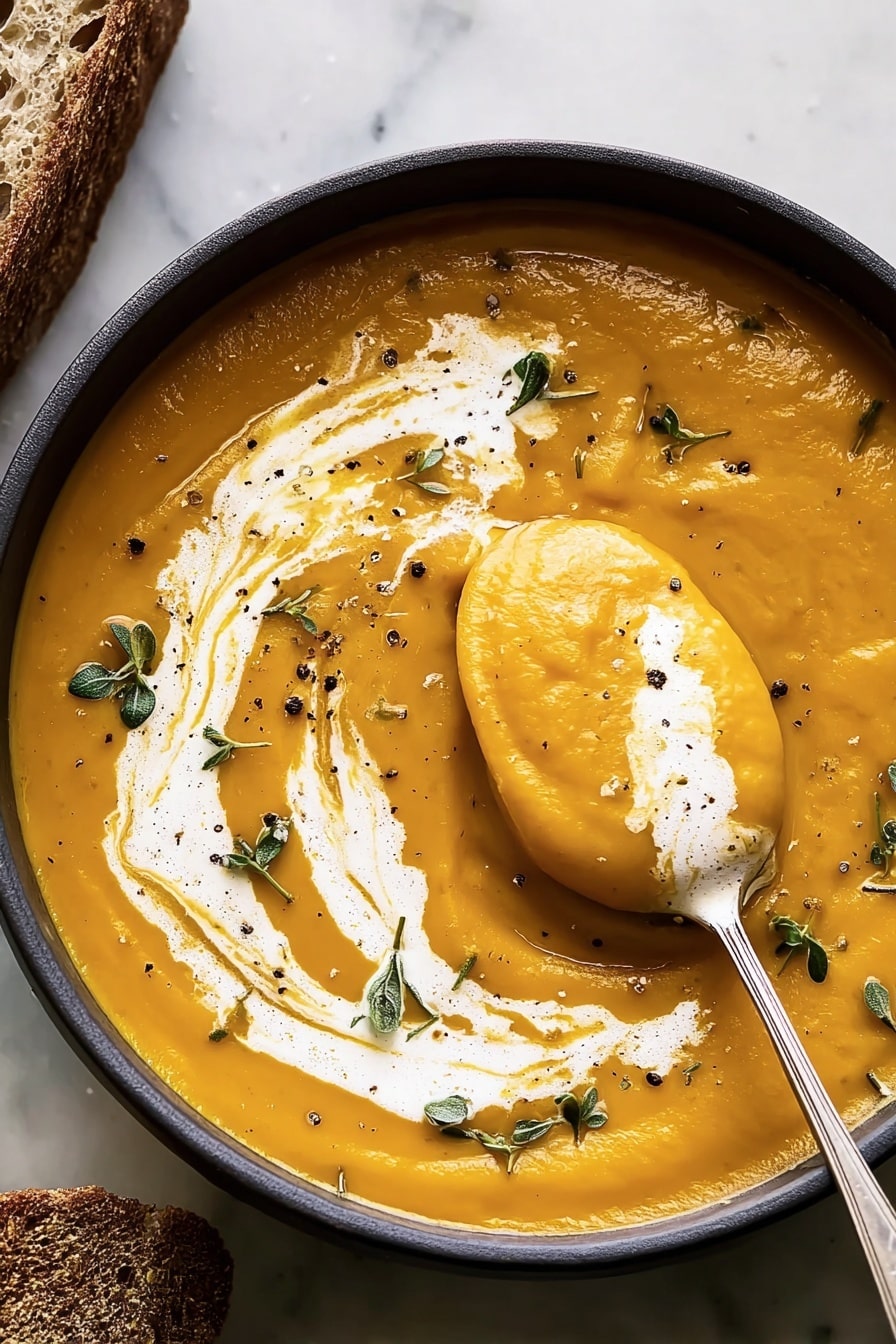 A bowl of thick orange pumpkin soup fills a round dark bowl placed on a white marbled surface with a piece of brown bread in the corner. The soup is smooth with a creamy white swirl pattern on top. Small green herb leaves and scattered black pepper dots decorate the surface. A spoon holding a scoop of the soup with cream on it dips into the right side of the bowl. photo taken with an iphone --ar 2:3 --v 7