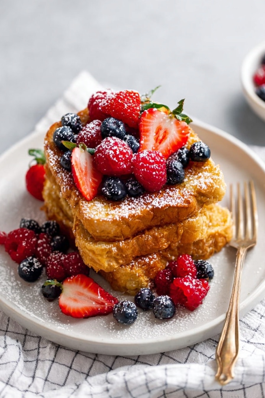 A stack of three pieces of golden brown crispy toast is placed in the center of a round white plate. The toast is topped with fresh berries including red strawberries, bright red raspberries, and deep blue blueberries, which add vibrant colors and a juicy texture. Powdered sugar is lightly dusted over the toast and berries, giving a soft white contrast. Around the base of the toast, a few berries spill onto the plate. A vintage golden fork lies on the right side of the plate. The plate sits on a light-colored checkered cloth with a white marbled texture background. Photo taken with an iphone --ar 2:3 --v 7