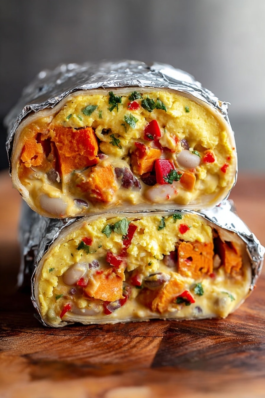 A close-up image of a breakfast burrito cut in half and stacked on a wooden surface. The burrito is wrapped in foil with a visible soft white tortilla layer on the outside. Inside, there are three main layers: a creamy yellow scrambled egg layer on top sprinkled with small green herbs, a middle layer with chunks of orange sweet potato and red bell pepper pieces, and a bottom layer containing white beans mixed with the vegetables. The texture of the eggs looks fluffy, and the filling is dense but well packed photo taken with an iphone --ar 2:3 --v 7