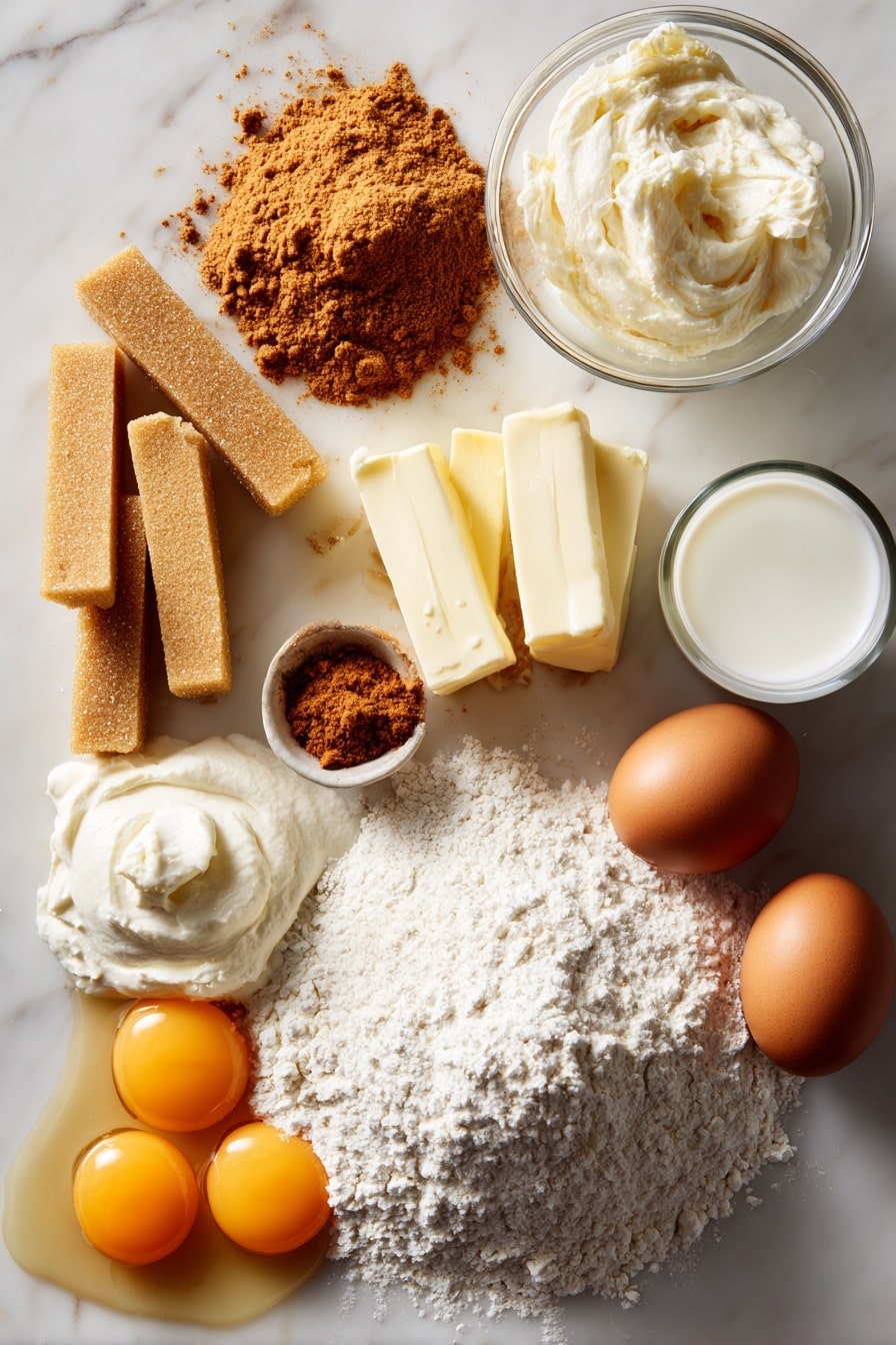 Flat lay of light brown sugar heaped in a small pile, sticks of unsalted butter both melted and solid, ground cinnamon sprinkled artfully, creamy dollops of smooth cream cheese, a mound of powdered sugar, fresh whole eggs with rich orange yolks visible through cracks, a neat stack of all-purpose flour, and a glass of whole milk partially filled, all beautifully arranged with soft natural light and warm tones, placed on a white marble surface, photo taken with an iphone --ar 2:3 --v 7