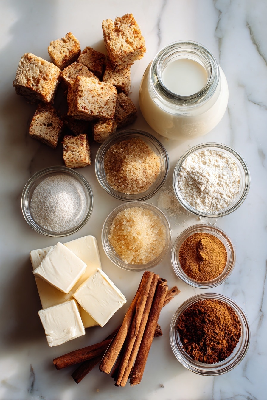Flat lay of golden crusty sourdough bread cubes, smooth silken tofu block, creamy coconut milk in a small glass jar, light brown granulated sugar piles, rich brown sugar heaps, sticks of cold vegan butter, warm cinnamon powder sprinkled artistically, and a small bottle of pure vanilla extract, all beautifully arranged with soft natural light highlighting their textures, placed on a white marble surface, photo taken with an iphone --ar 2:3 --v 7