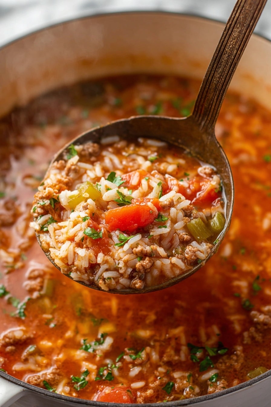 A close-up view of a ladle full of a thick stew showing three layers: the top layer has small, bright red tomato chunks mixed with green parsley flakes, the middle layer contains soft white rice grains, and the bottom layer features crumbly brown ground meat pieces all mixed in a reddish-orange tomato broth with some green vegetable bits scattered throughout, resting in a large white pot with steam rising in the background over a white marbled surface. photo taken with an iphone --ar 2:3 --v 7