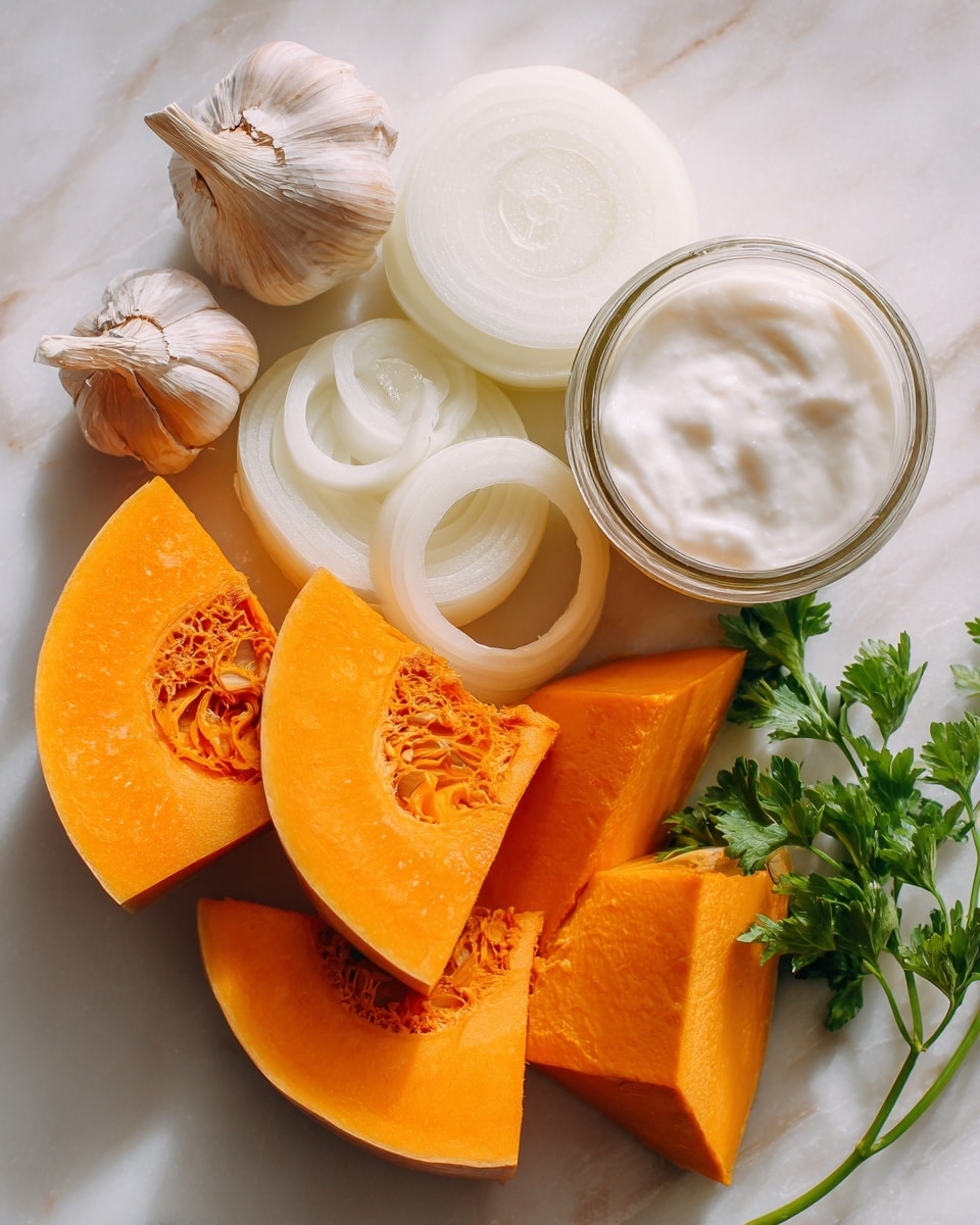Flat lay of vibrant orange pumpkin chunks with smooth, matte skin, nestled beside a glossy whole butternut squash sliced lengthwise to reveal its deep orange flesh, crisp white and brown onion slices showing delicate layers, two shiny garlic cloves with papery skin intact, a small heap of fresh green parsley leaves adding a pop of color, and a small glass jar filled with thick, creamy white cream showcasing its rich texture, all naturally arranged with gentle overlaps and soft shadows, placed on white marbled surface, photo taken with an iphone --ar 2:3 --v 7