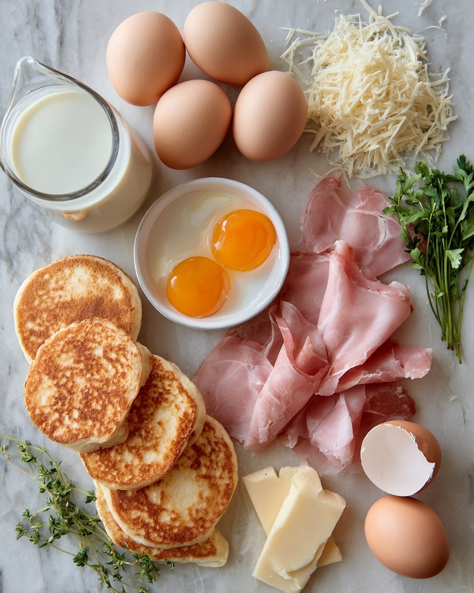 Flat lay of cracked large eggs with some whole milk poured nearby, grated cheese scattered in a small pile, slices of crispy bacon and Canadian bacon arranged in neat strips, toasted golden English muffins split open to show their texture, and a few sprigs of fresh herbs for color, all placed on a white marble surface, photo taken with an iphone --ar 2:3 --v 7