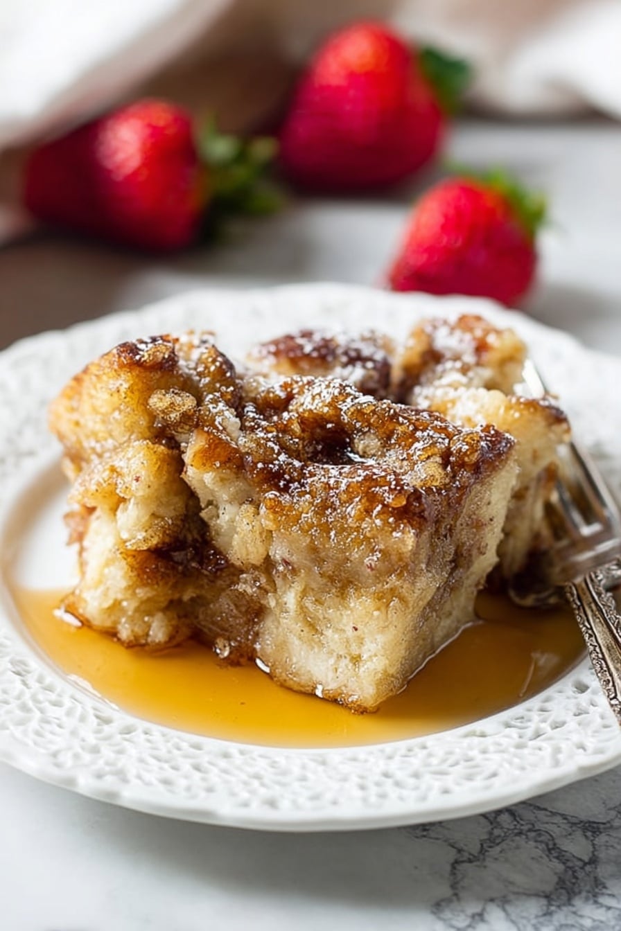 A close-up of a spoon lifting a piece of bread pudding from a white dish, showing several layers of toasted, golden-brown bread chunks with soft, moist centers. The bread is coated with a cinnamon-spiced, sugary mixture that has a slightly crumbly texture and some light dusting of powdered sugar. The background is a white marbled surface with scattered pieces of bread pudding visible in the dish. photo taken with an iphone --ar 2:3 --v 7