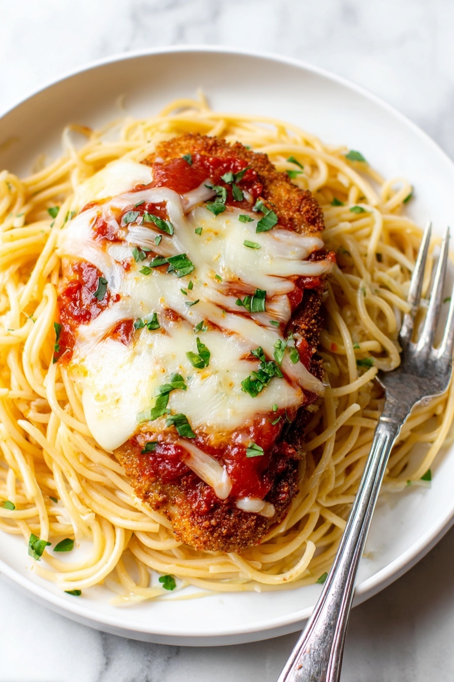 A white plate shows a bed of light yellow pasta strands arranged loosely in a circle. On top of the pasta is a golden-brown breaded chicken cutlet, partially covered with bright red tomato sauce and melted white cheese. Fresh green chopped herbs are sprinkled over the cheese, sauce, and pasta for a pop of color. Two silver forks rest on the plate, slightly touching the pasta. The dish is set on a white marbled surface. Photo taken with an iphone --ar 2:3 --v 7