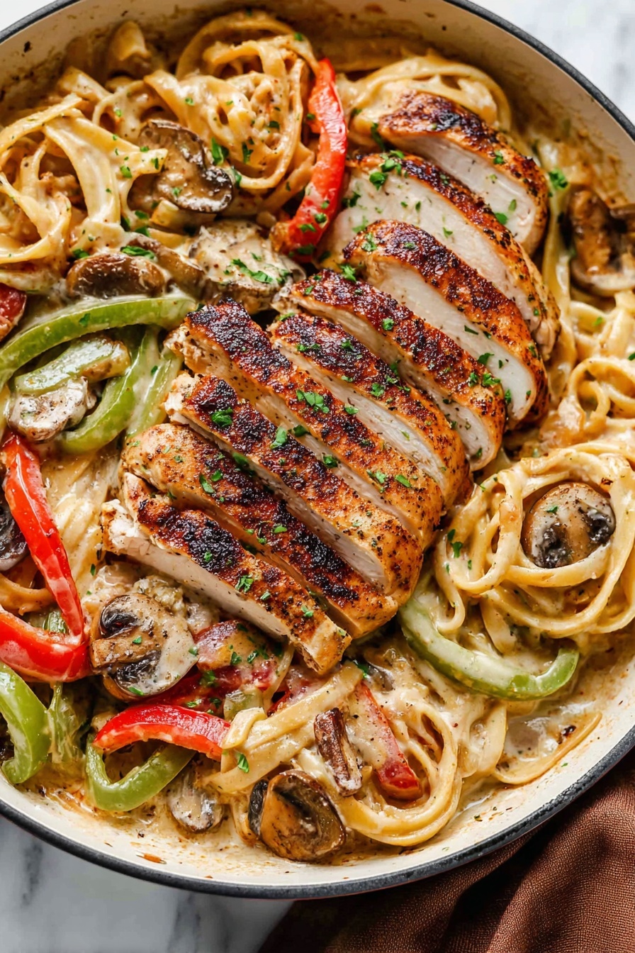 The dish shows sliced grilled chicken on top of a serving of stir-fried noodles mixed with red and green bell pepper strips and pieces of mushrooms. The chicken has a golden-brown crispy skin with black pepper specks and is sprinkled with small green herb bits. The noodles beneath are light brown and slightly saucy, showing a mix of textures with the vegetables. All the food is in a round white bowl, placed on a white marbled surface, with an old fork stuck into the noodles behind the chicken. Photo taken with an iphone --ar 2:3 --v 7