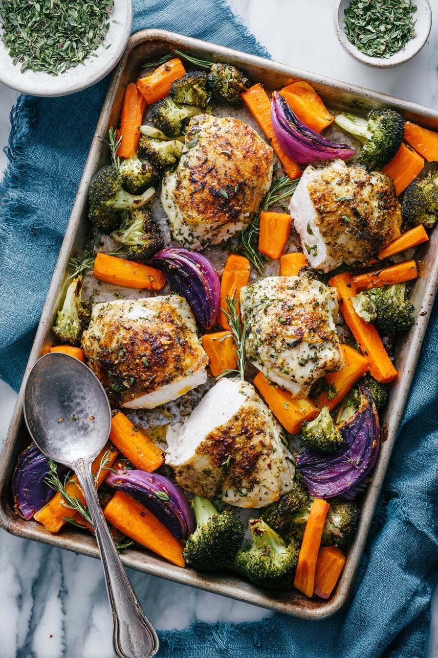 A baking tray filled with five pieces of cooked chicken with browned, seasoned tops, one piece sliced showing the inside. Around the chicken are bright orange carrot sticks, deep green broccoli florets, and purple-red onion wedges. The vegetables are roasted with light charring and some herbs sprinkled throughout. A silver spoon is resting on the tray, partly scooping some vegetables. The tray sits on a white marbled surface with a blue cloth and a white bowl with green herbs nearby. photo taken with an iphone --ar 2:3 --v 7