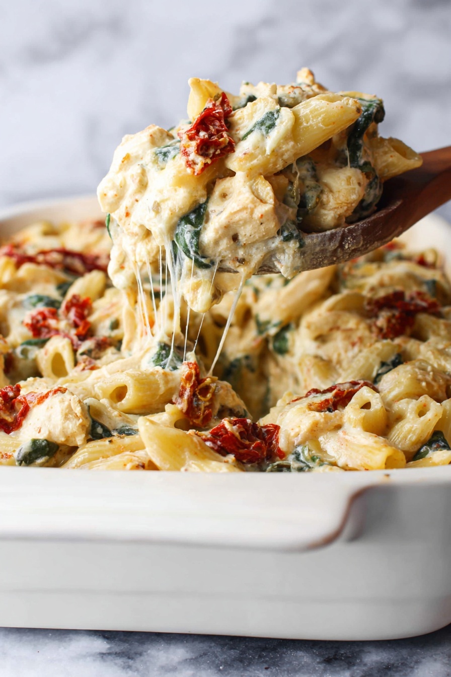 A white rectangular baking dish filled with a creamy pasta bake, showing penne pasta mixed with creamy white sauce, pieces of light beige chicken, dark green spinach leaves, and strips of red sun-dried tomatoes. The pasta is coated in the sauce with a slightly bubbly texture, speckled with herbs and grated cheese on top. A dark wooden spoon is placed inside the dish, scooping some of the pasta from the bottom right. The dish sits on a white marbled surface, with a folded striped cloth towel on the left and fresh green spinach leaves partially visible on the top right photo taken with an iphone --ar 2:3 --v 7