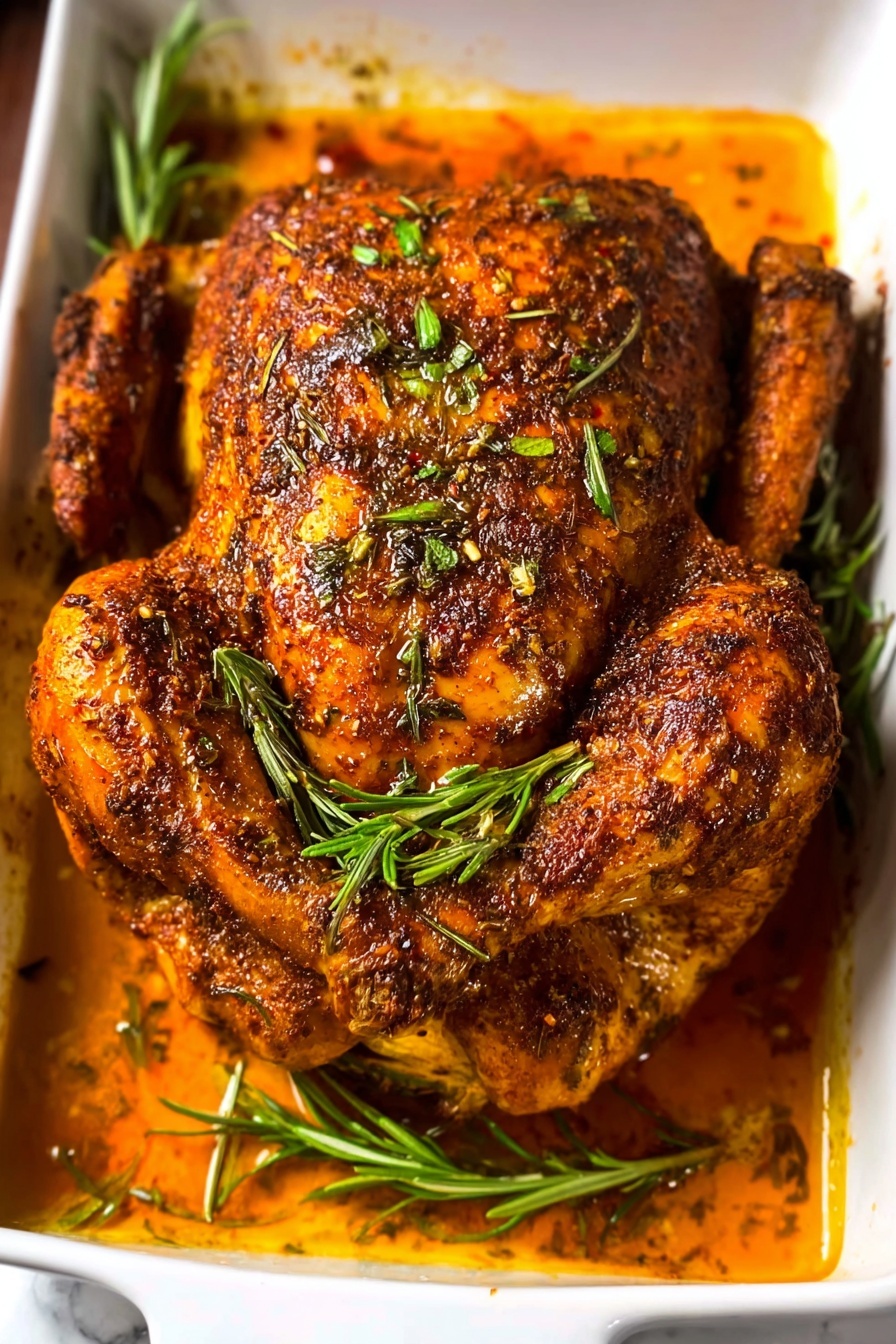 A whole roasted chicken sits in a white rectangular dish, covered with a rich, dark brown and reddish spice rub that looks crispy and textured. The chicken is surrounded by bright orange oil and sauce mixed with herbs. Sprigs of green rosemary are placed around and under the chicken, adding fresh color against the orange sauce and brown chicken skin. The white marbled background contrasts softly with the warm tones of the cooked chicken and sauce. Photo taken with an iphone --ar 2:3 --v 7