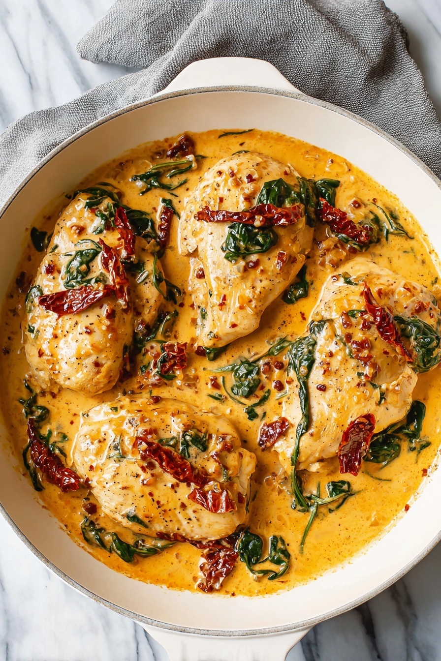 A white skillet holds four pieces of cooked chicken with a light brown, slightly speckled surface, partially covered in a thick, creamy orange sauce. Scattered throughout the sauce are dark green wilted spinach leaves and deep red sun-dried tomato strips, adding pops of color and texture. The sauce surrounds the chicken evenly, filling the skillet, which rests on a white marbled surface with a gray cloth underneath one side. The scene is bright and well-lit, showing the rich colors and creamy texture clearly, photo taken with an iphone --ar 2:3 --v 7