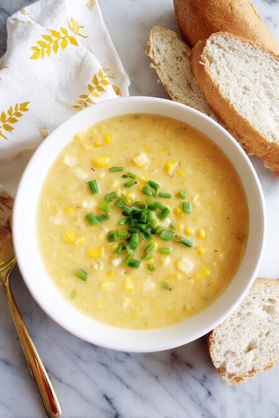 A white bowl filled with thick yellow corn soup with small white pieces mixed in, topped with chopped green onions at the center. The bowl is placed on a white marbled surface with slices of white bread leaning against the bowl and a white cloth with yellow leaf prints under a golden spoon on the left side. photo taken with an iphone --ar 2:3 --v 7