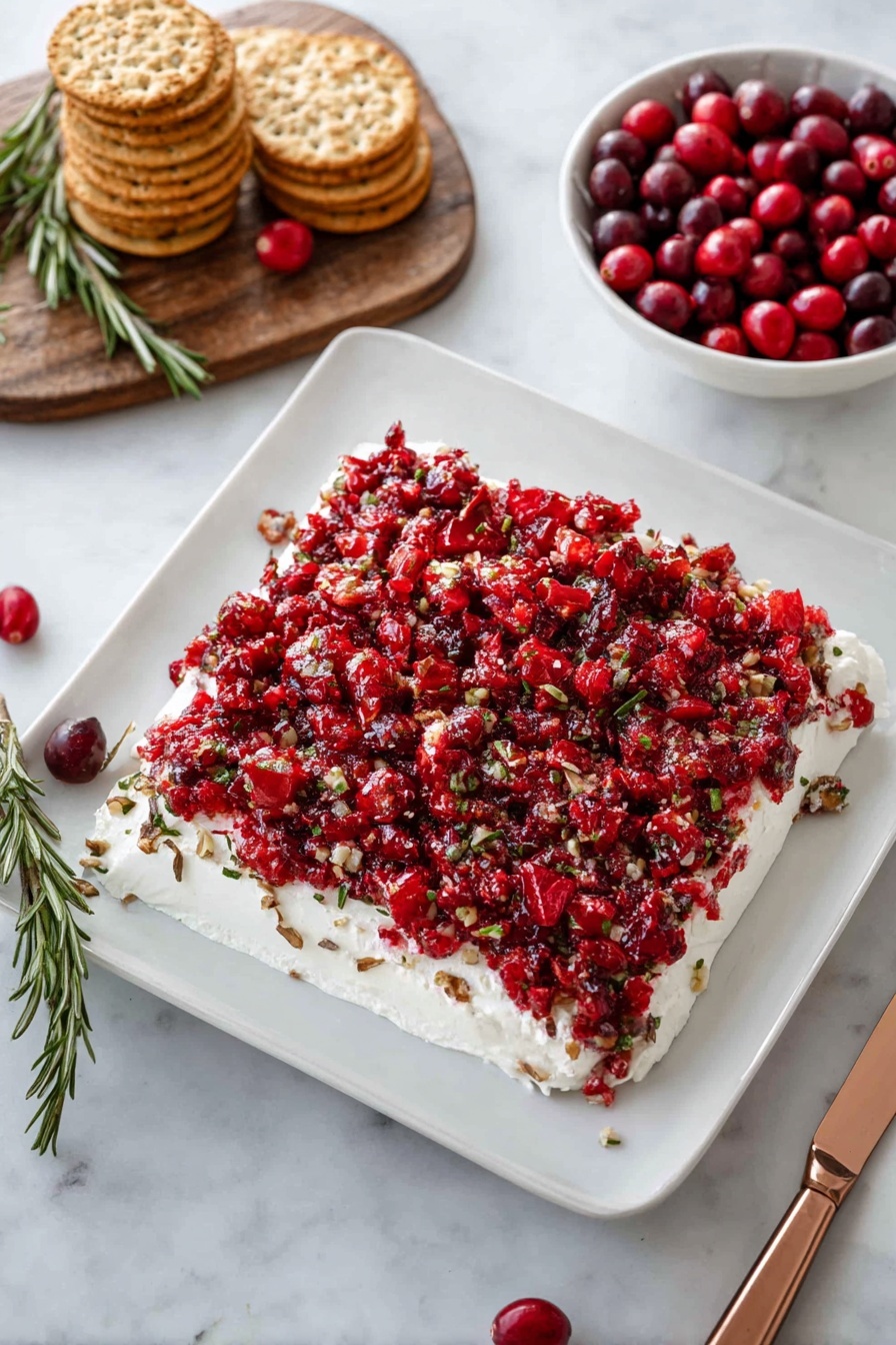 A woman's hand holds a round golden cracker topped with three layers: a creamy white soft cheese base layer, a thick middle layer of finely chopped bright red cranberries mixed with herbs offering a slightly wet texture, and small bits of green herb sprinkled throughout the red layer. The cracker is in sharp focus in the foreground, with a white rectangular plate in the background covered with more of the same layered cheese and cranberry mixture on a white marbled surface. A knife with a silver blade and wooden handle lies on the plate beside the spread. Photo taken with an iphone --ar 2:3 --v 7