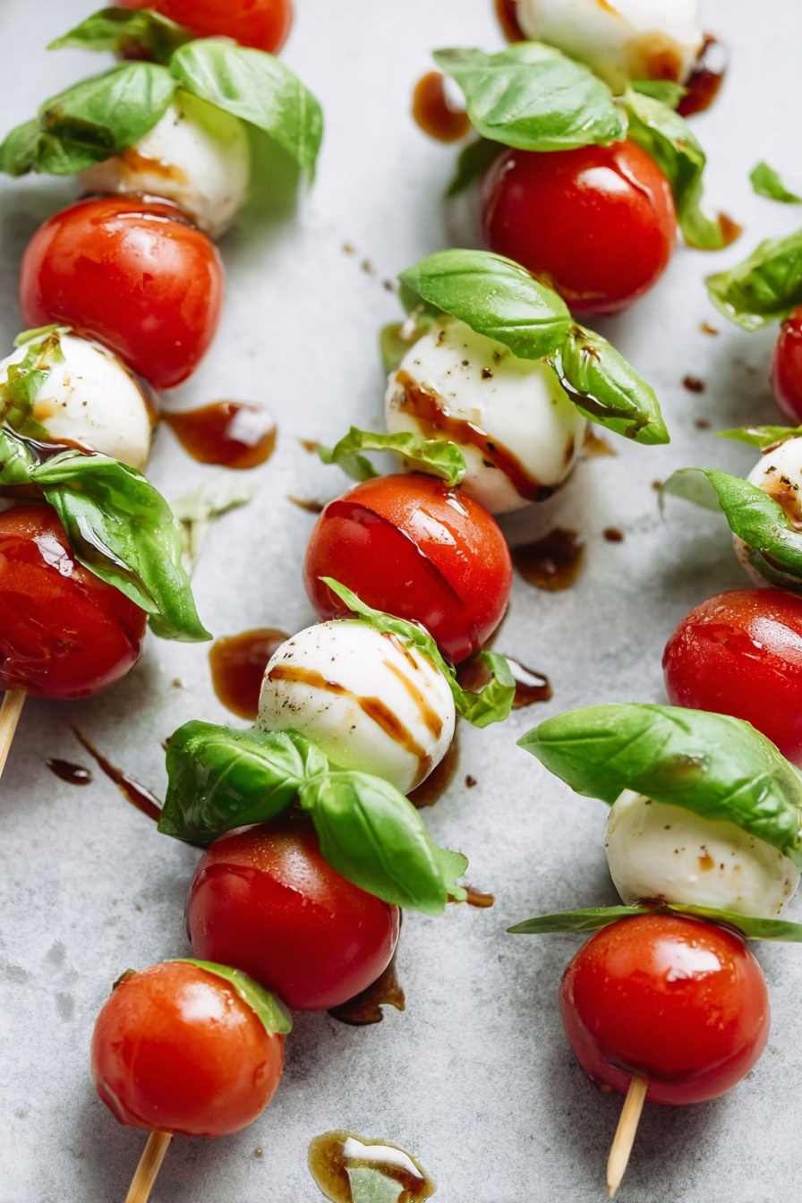 The image shows several small skewers each with three layers: a shiny red cherry tomato at the bottom, a fresh green basil leaf in the middle, and a smooth white mozzarella ball on top, drizzled with a dark brown balsamic glaze and sprinkled with black pepper. The skewers are placed on a white marbled surface with drops of olive oil scattered around, creating a fresh and colorful look. photo taken with an iphone --ar 2:3 --v 7