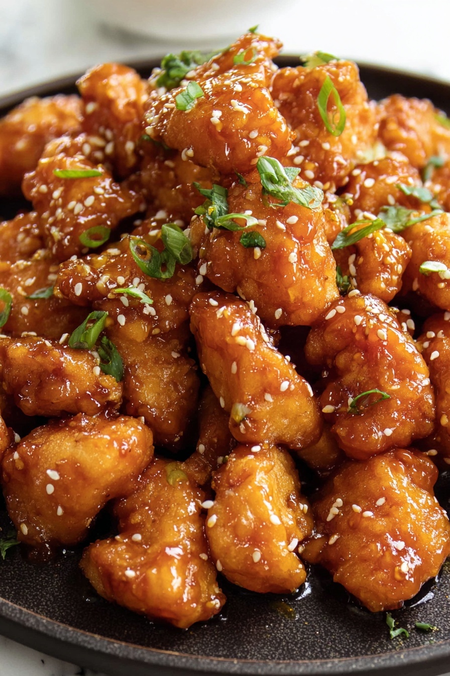 A black pan full of golden brown chicken pieces covered in shiny orange sauce, scattered with white sesame seeds and chopped green onions on top, placed on a dark wood surface with a brown cloth nearby, and a wooden bowl with sliced green onions at the top right corner, photo taken with an iphone --ar 2:3 --v 7