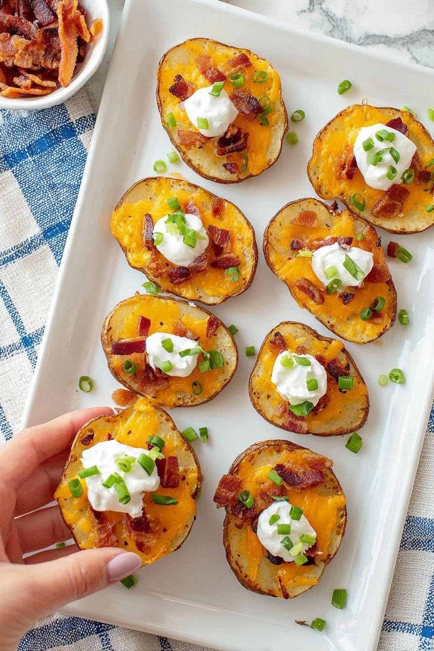 The image shows a white rectangular tray holding seven round potato slices, each topped with three layers: a melted bright orange cheddar cheese layer that covers the potato slice, scattered crispy bacon pieces in reddish-brown tones, and a dollop of smooth white sour cream crowned with small, chopped green onion pieces. The tray is held by a woman's hand at the corner, and a small white marbled surface towel with blue stripes is partially visible below. In the top right, a white bowl with a few bacon pieces sits on a white marbled textured surface. photo taken with an iphone --ar 2:3 --v 7