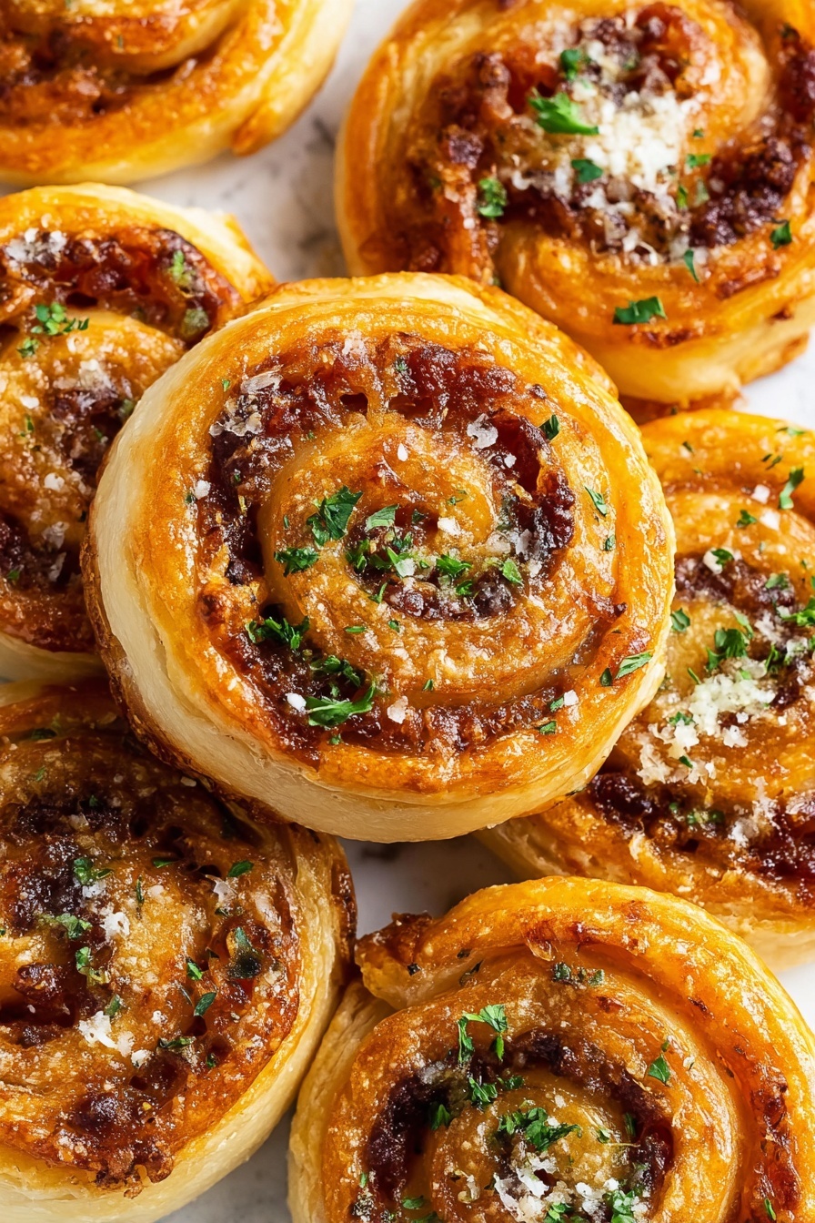The image shows close-up of several small round puff pastries on a white marbled surface. Each pastry has a light golden-brown, flaky outer layer that spirals inward. Inside the spiral is a darker brown baked filling that appears cheesy and slightly crispy on top. The pastries are sprinkled with small bits of white cheese and fresh green parsley pieces, giving a contrast of colors. The texture of the pastry looks soft and flaky while the filling is dense and bubbly. photo taken with an iphone --ar 2:3 --v 7