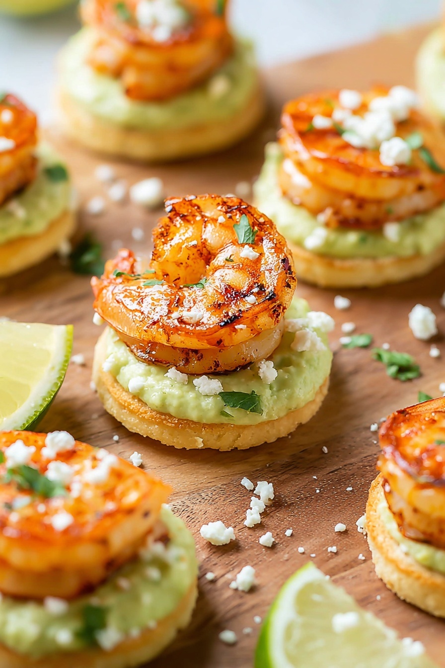This image shows small round snacks arranged on a wooden board with a white marbled background. Each snack has three layers: the bottom layer is a pale, round cracker; the middle layer is a green creamy spread, likely avocado, with a smooth texture; the top layer is a single cooked shrimp, orange with slight char marks, curled neatly on the spread. Small white crumbly pieces are scattered on top of the shrimp and around the snacks, along with tiny green herb bits. The overall look is fresh and colorful with a touch of rustic charm. photo taken with an iphone --ar 2:3 --v 7