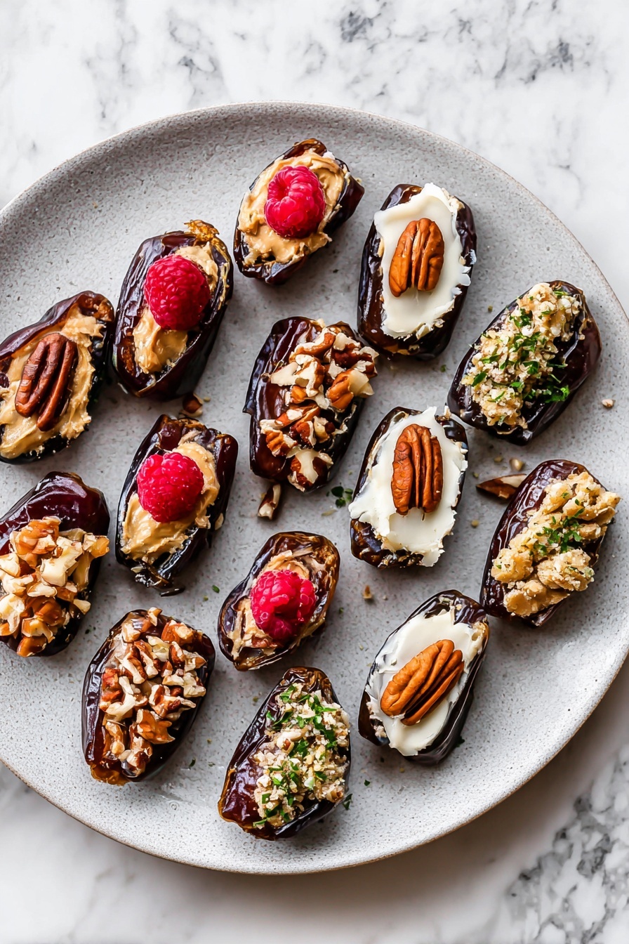 A round grey speckled plate holds a variety of stuffed dates arranged casually. Each dark brown date is sliced open and filled with different fillings: some have smooth tan peanut butter topped with bright red raspberries, others show a creamy white cheese filling crowned with a single glossy brown pecan and sprinkled green herbs, while a few contain a beige nut mix sprinkled on top. The texture of the dates is slightly wrinkled and shiny, and they rest on a light grey surface. Scattered small nuts add detail around the plate. Photo taken with an iphone --ar 2:3 --v 7