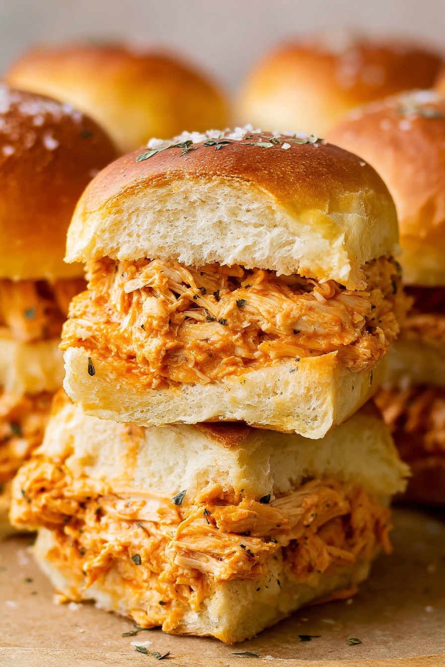 The image shows a close-up of a sandwich made with two soft, golden brown buns sprinkled with coarse salt and herbs. Inside the sandwich is a thick layer of shredded orange chicken mixed with creamy sauce, visible in both the top and bottom halves of the sandwich. The chicken filling looks juicy and slightly textured, with some pieces spilling out around the edges. The background is blurred, placing focus on the sandwich stacked on top of another similar one. The surface beneath the sandwiches has a white marbled texture. photo taken with an iphone --ar 2:3 --v 7