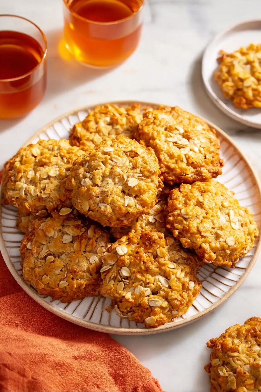The image shows a white ridged plate filled with round, thick oatmeal cookies that have a golden brown color with visible oats and small chunks of softer, lighter-toned ingredients mixed inside. Around the large plate, there is part of a smaller white plate with a single cookie, two glasses filled with amber liquid, and an orange cloth on a white marbled surface. The overall scene is bright and inviting. Photo taken with an iphone --ar 2:3 --v 7
