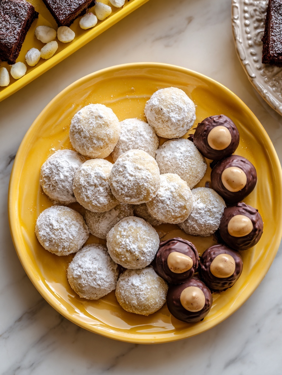 A bright yellow plate holds two groups of small round treats arranged side by side. The larger group at the center shows pale beige cookies covered in a thick layer of white powdered sugar giving them a soft, powdery texture. To their right, there are smaller dark brown chocolate-covered balls with a tan center visible on top, showing a smooth, glossy chocolate shell with a creamy texture inside. The plate rests on a white marbled surface, with part of a yellow tray holding darker brown brownies and white candies visible in the upper left corner. Photo taken with an iphone --ar 2:3 --v 7