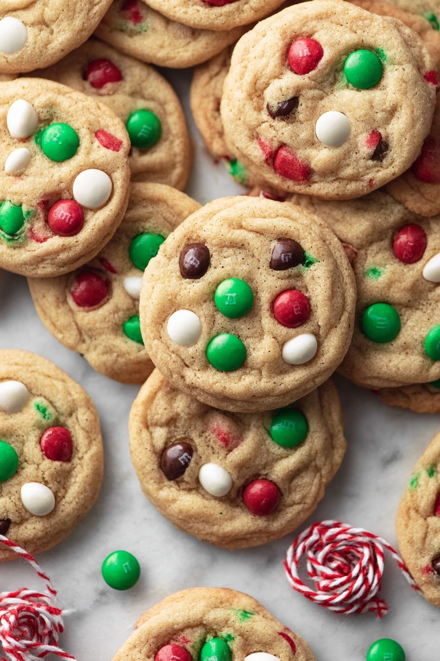 A pile of round cookies is shown on a white marbled surface. Each cookie is light brown with a soft texture and has colorful candy pieces embedded on top in red, green, white, and dark brown colors. The cookies overlap each other, showing a mix of smooth and slightly bumpy surfaces with the candy pieces scattered unevenly. Near the bottom right, there is a red and white twisted string lying on the surface among some loose candy pieces. photo taken with an iphone --ar 2:3 --v 7