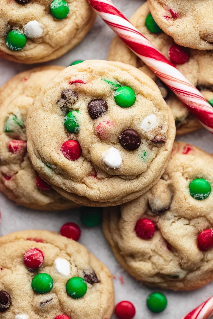 A close-up view of several soft, round cookies stacked and spread out on a white marbled surface, each cookie has a light golden-brown color with visible chunks of dark chocolate chips and small colorful candy pieces in red, green, and white scattered on top. There is a red and white twisted candy cane placed diagonally across some cookies, and the cookies show a slightly uneven texture, indicating a soft and chewy look. The photo taken with an iphone --ar 2:3 --v 7