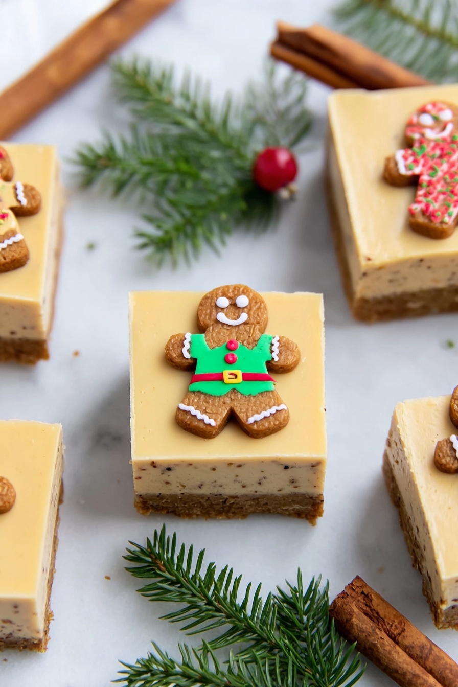 The image shows square pieces of a two-layer dessert arranged on a white marbled surface. Each piece has a light brown bottom crust layer and a smooth, creamy beige top layer speckled with tiny dark spots. On top of each piece is a small, decorated gingerbread man cookie with different designs in bright colors, such as green shirts holding candy canes and red shirts with Christmas trees or Santa belts. Around the pieces are fresh green pine sprigs and cinnamon sticks that add a festive feel. photo taken with an iphone --ar 2:3 --v 7