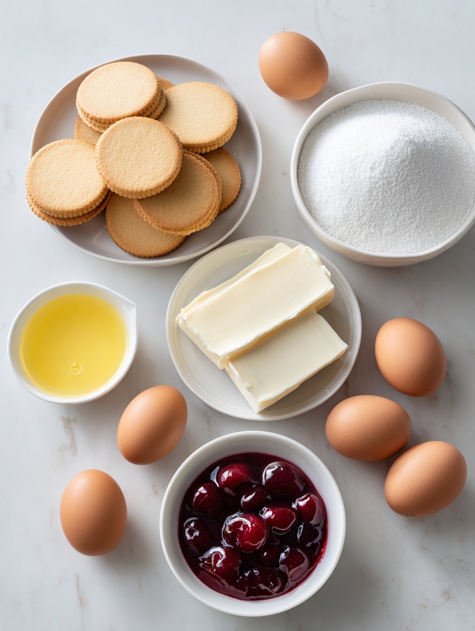 Flat lay of a small stack of round vanilla wafers, three blocks of smooth cream cheese at room temperature, a white ceramic bowl filled with granulated sugar, four whole brown eggs with clean shells, a small white bowl of fresh lemon juice, and a small white bowl with glossy cherry pie filling, all arranged symmetrically on a clean white marble surface, soft natural light, photo taken with an iPhone, professional food photography style, fresh ingredients, white ceramic bowls, no bottles, no duplicates, no utensils, no packaging --ar 2:3 --v 7 --p m7354615311229779997