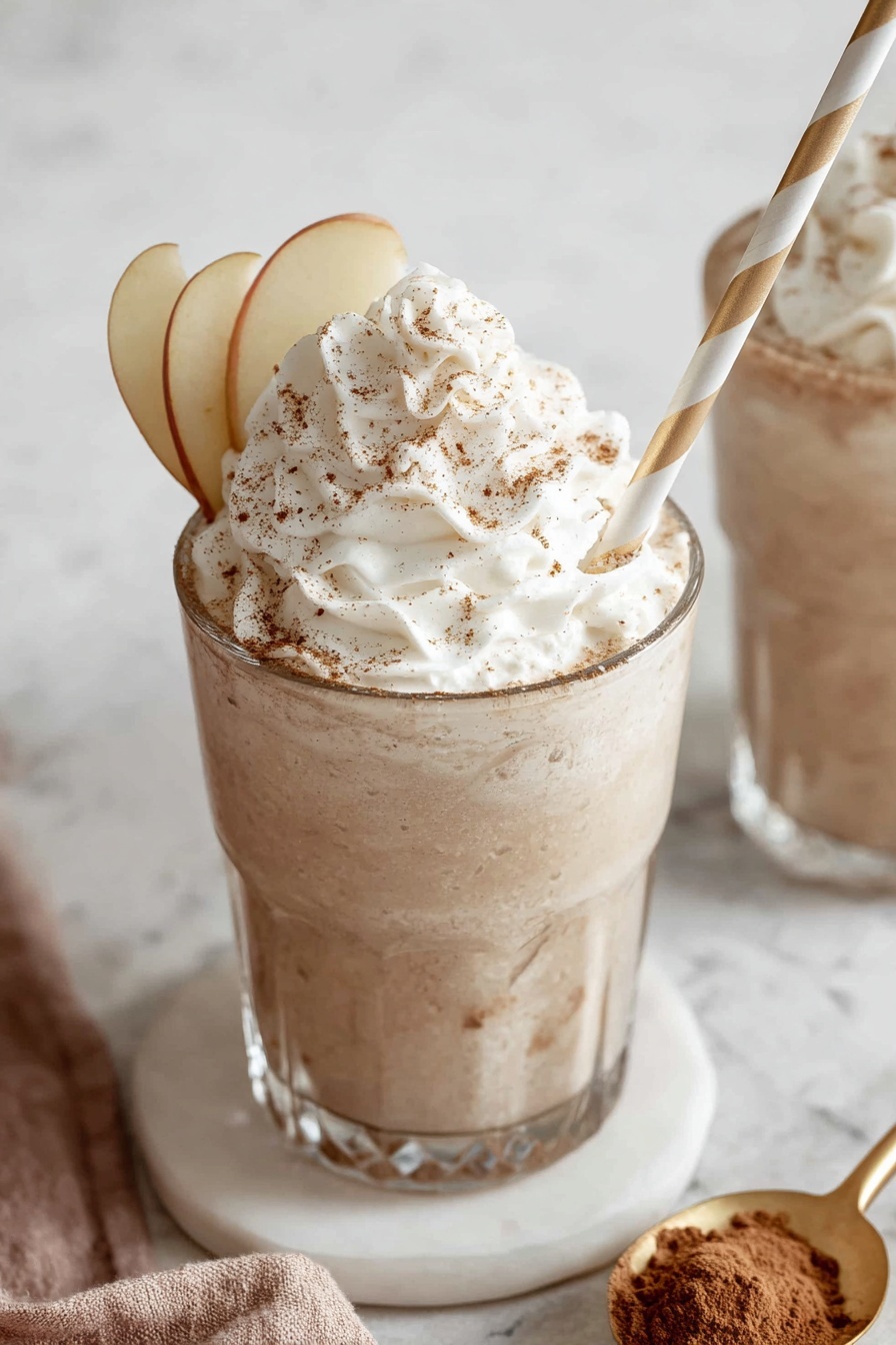 Two glasses filled with a light brown, creamy drink that has a thick texture and small dark specks mixed inside, indicating a blended mixture. Each glass is topped with a generous swirl of fluffy white whipped cream sprinkled with fine cinnamon powder. One glass has a white and gold striped paper straw placed on the right side. The glasses are sitting on a large white plate with black speckles, which holds a gold spoon dusted with cinnamon powder. Around the plate, there are several cinnamon sticks scattered on a white marbled surface. In the background, there is a white bowl with sliced red-skinned apples and a white ceramic pitcher. Photo taken with an iphone --ar 2:3 --v 7