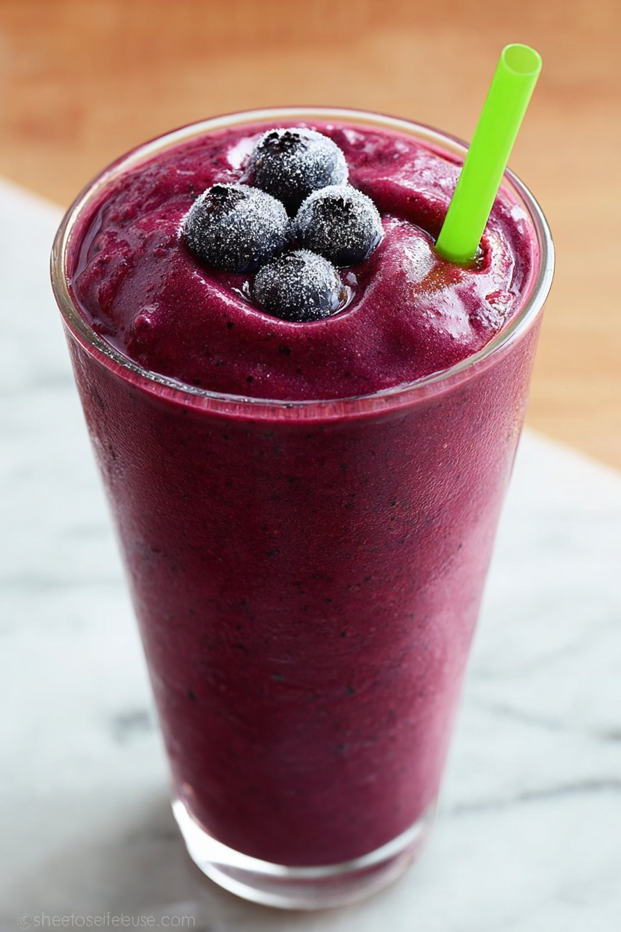 A tall clear glass filled with a thick, smooth, deep purple smoothie that has a slightly textured surface on top. Three frozen blueberries, covered in frost, rest on the peak of the smoothie near the center. A bright green straw is inserted on the right side, slightly angled. The glass is placed on a white marbled surface. photo taken with an iphone --ar 2:3 --v 7