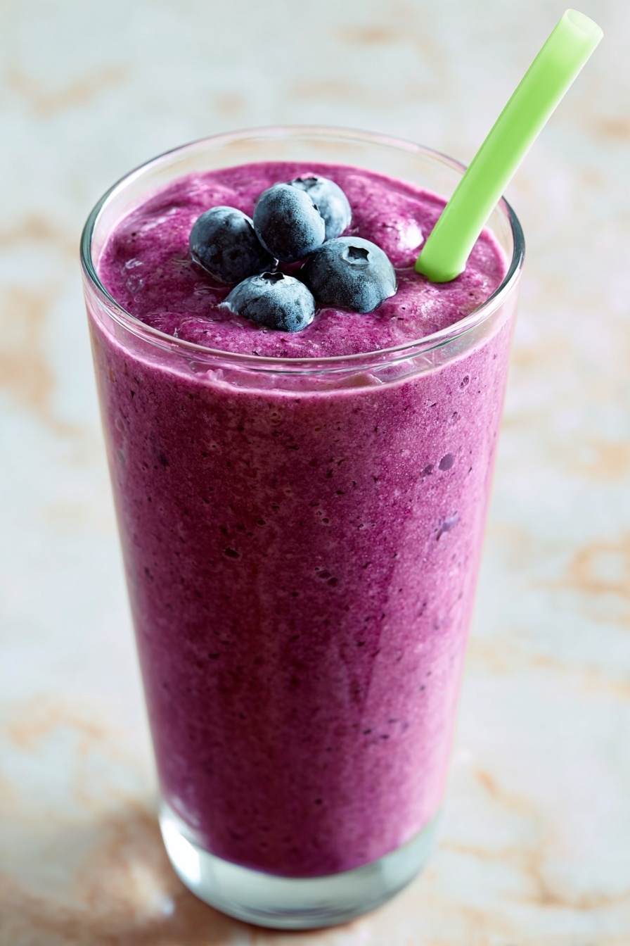 A clear glass filled with a thick, smooth purple smoothie that has a creamy texture. The top layer of the smoothie is slightly domed and has three dark purple blueberries placed in the center. A bright green straw is inserted on the right side of the glass. The glass sits on a white marbled surface. photo taken with an iphone --ar 2:3 --v 7