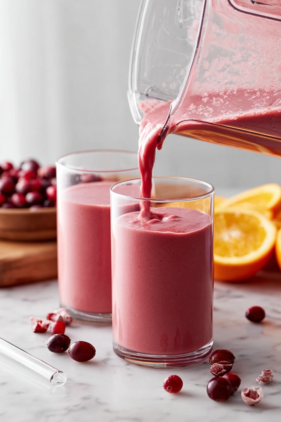 Two clear glasses filled with a smooth, pink smoothie are placed on a white marbled surface. One glass is being filled with the pink smoothie pouring from a clear blender jar tilted above it, the pour creating a frothy texture at the surface of the smoothie. Scattered fresh whole and halved cranberries are around the glasses, with some cut orange halves blurred in the background on a wooden board. A transparent straw rests next to the glasses on the surface. The soft light emphasizes the creamy texture and fresh ingredients. Photo taken with an iphone --ar 2:3 --v 7