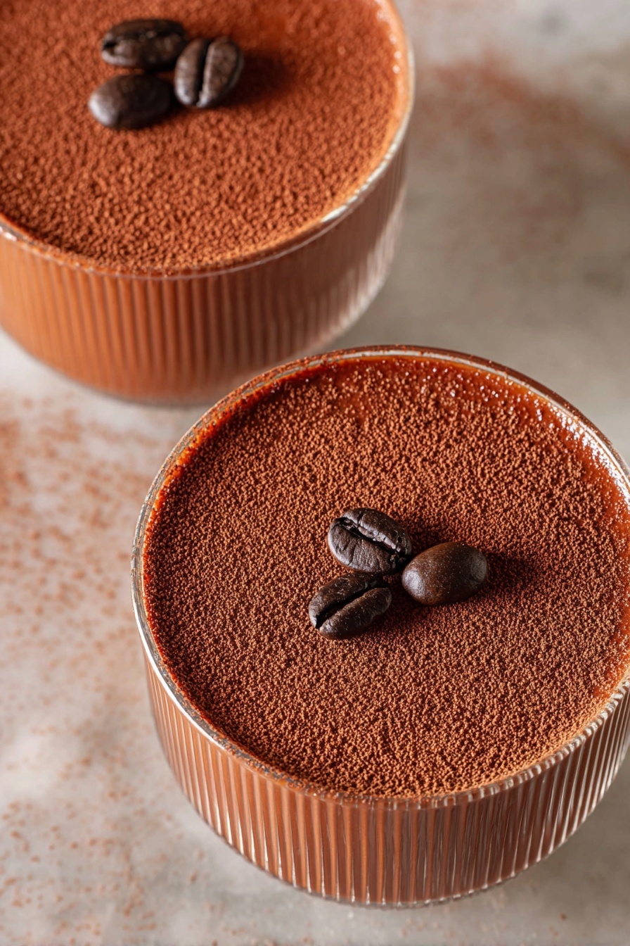 The image shows two glass cups filled with smooth, dark brown mousse topped with a fine dust of cocoa powder covering most of the surface, leaving small clear patches at the edges. Each mousse has three shiny dark brown coffee beans placed on top for decoration. The glasses are round with a ribbed texture on the outer sides. The cups are placed on a white marbled surface, with the top one partially visible and the bottom one fully in the frame, both casting soft shadows below. The photo taken with an iphone --ar 2:3 --v 7