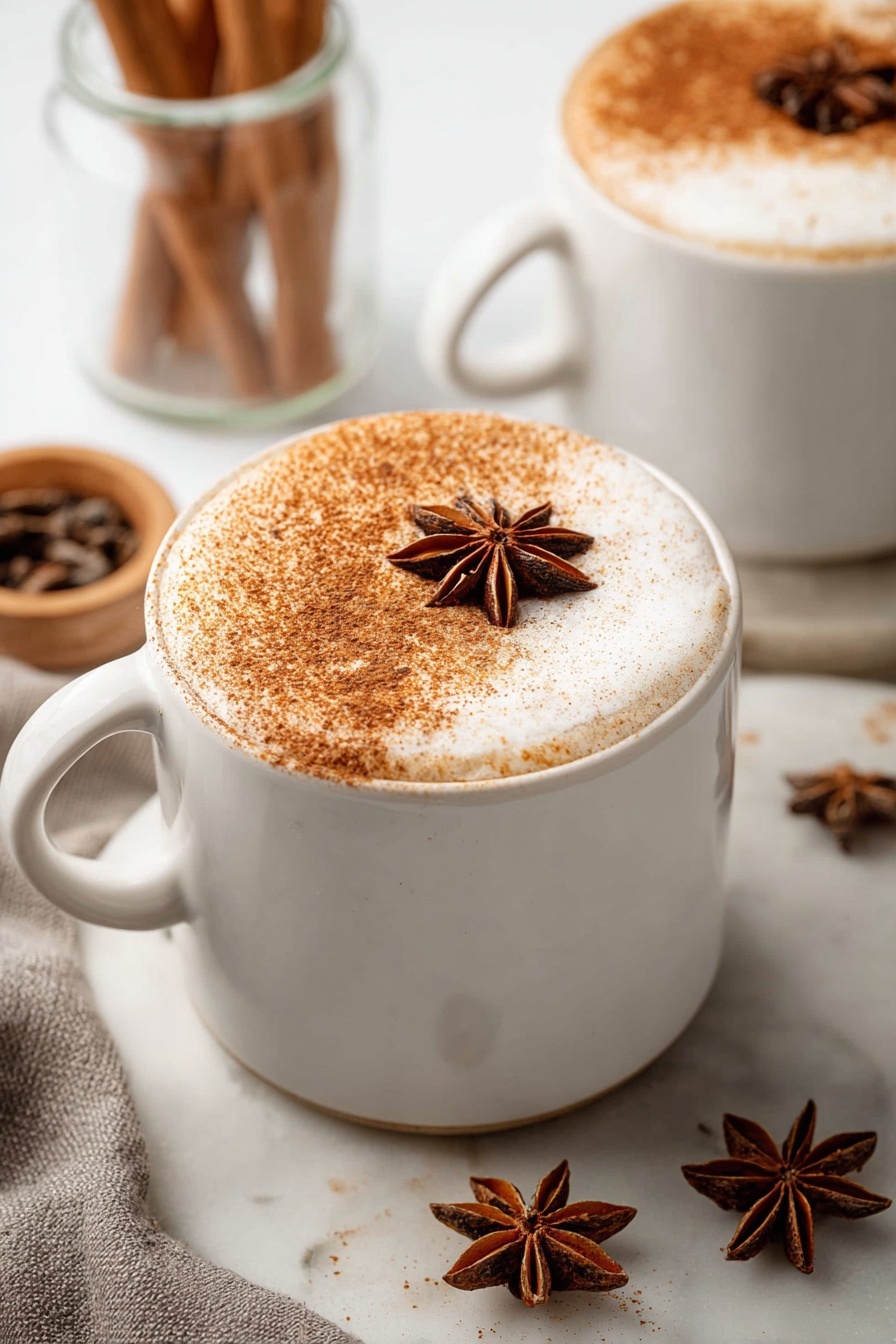 The image shows two white mugs filled with a creamy drink topped with frothy foam. Each mug has a layer of light brown cinnamon powder covering about half the surface of the foam, and a single star anise is placed in the center of the cinnamon area. The mugs sit on a white marbled surface surrounded by brown cookies and some cinnamon sticks, adding a cozy and warm feeling to the scene. Photo taken with an iphone --ar 2:3 --v 7