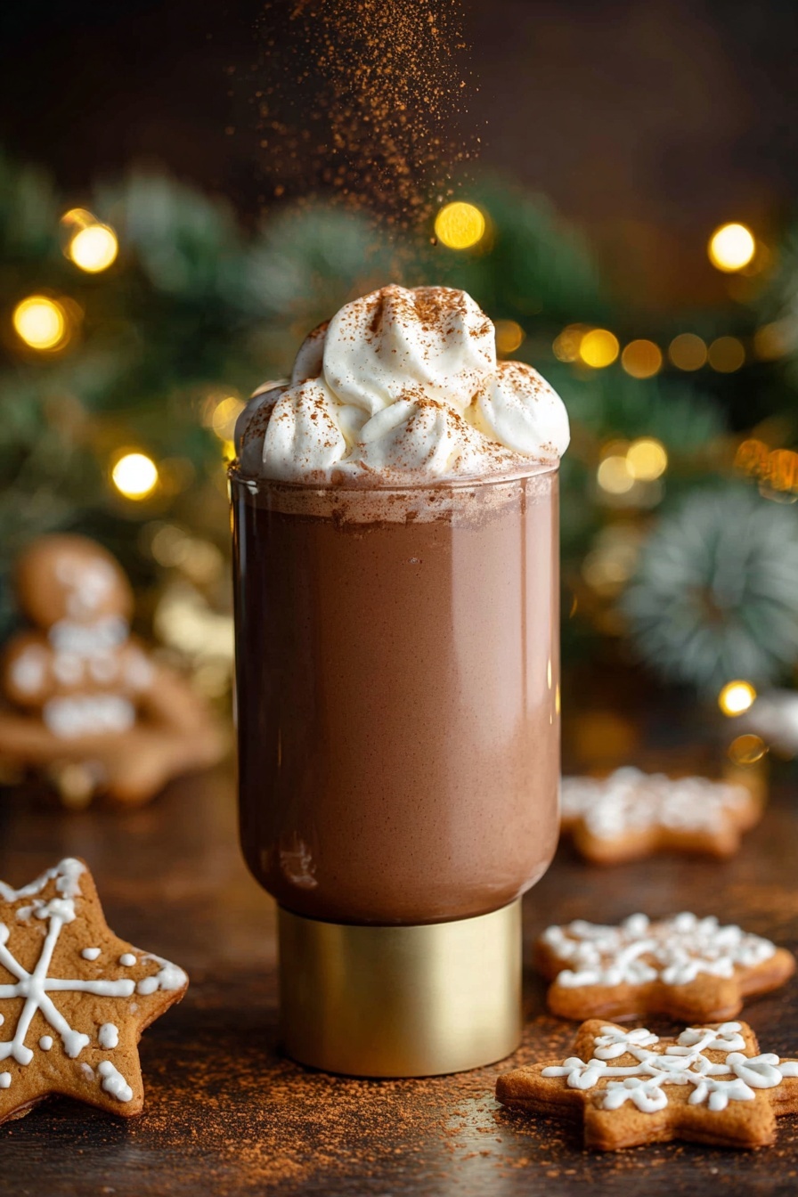 A tall clear glass with a thick golden base holds a smooth, rich brown hot chocolate almost to the top. On top, there are four big white whipped cream peaks lightly dusted with cinnamon powder, which is gently falling from above. The glass stands on a dark wooden surface covered with cinnamon powder. Around it are several gingerbread cookies decorated with white icing in shapes like snowflakes and stars. In the blurred background, warm white Christmas lights hang softly with green pine branches barely visible, giving a cozy and festive feeling. Photo taken with an iphone --ar 2:3 --v 7