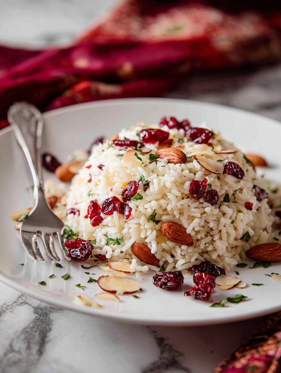 A white plate holds a mound of rice pilaf mixed with dried red cranberries and light brown almond slices. Small bits of green herbs are scattered around the edge of the plate and mixed in the rice. A silver fork rests on the left side of the plate, partially under the rice. The background shows a blurred red and beige fabric with a white marbled texture surface beneath the plate. The overall colors are warm with a mix of light beige, deep red, and fresh green accents. Photo taken with an iphone --ar 2:3 --v 7