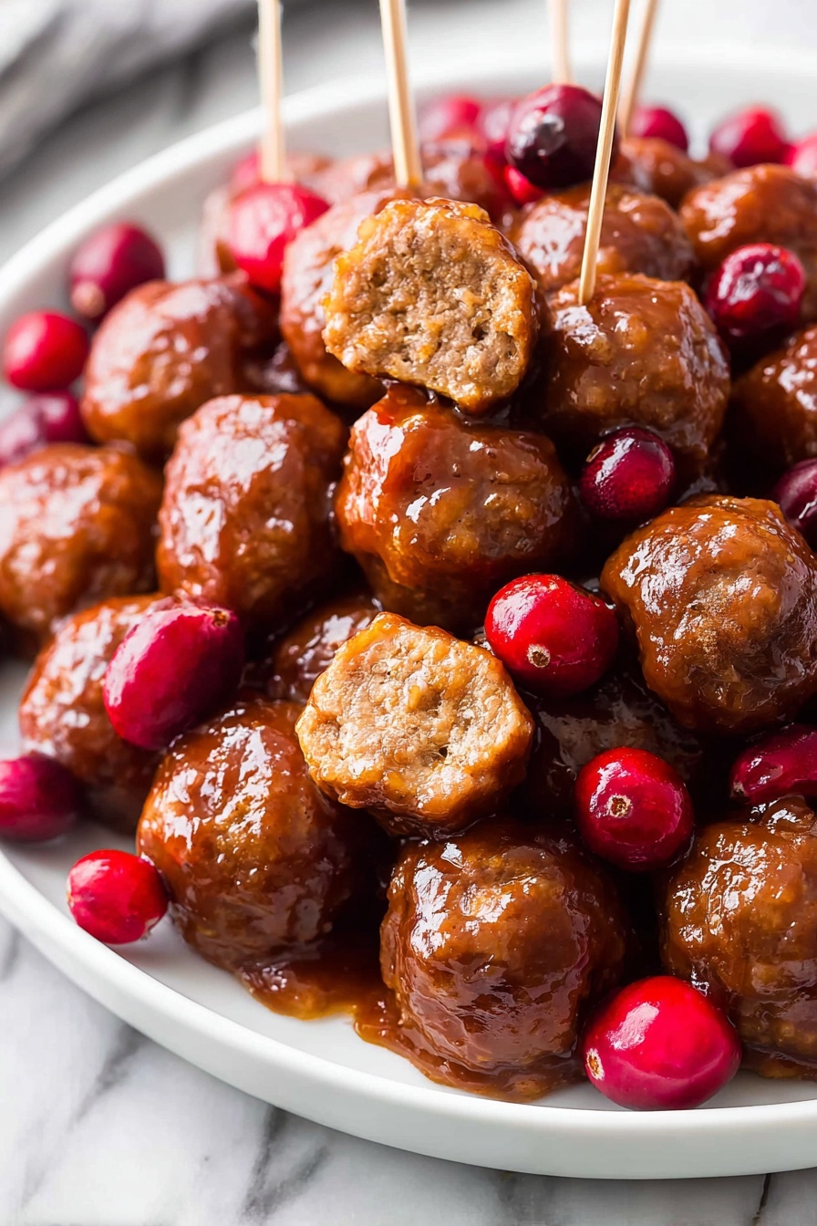 A plate filled with many small, shiny meatballs covered in a thick brown sauce, arranged closely together. Bright red cranberries are scattered around and mixed with the meatballs, adding pops of color. One meatball is cut in half on top, showing a light brown cooked inside with a soft texture. Several wooden toothpicks stick into some meatballs. The plate is white and sits on a white marbled surface. photo taken with an iphone --ar 2:3 --v 7