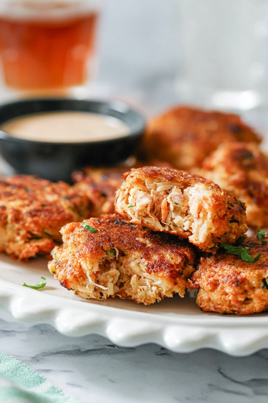 The image shows several fried patties on a white plate with a scalloped edge, each with a crispy, golden brown outer layer that looks crunchy. One patty is broken in half in front, exposing a light, textured inside with pieces of shredded filling and some green herbs. The background is soft and blurred, with a small black bowl of light creamy sauce and a glass of dark amber liquid behind the plate. The whole scene is set on a white marbled surface. Photo taken with an iphone --ar 2:3 --v 7