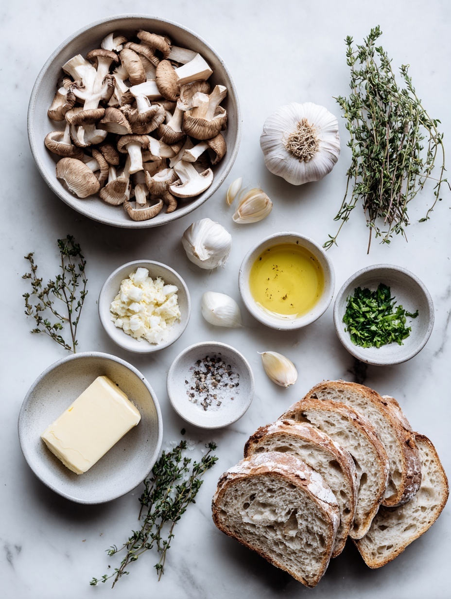 Flat lay of thickly sliced chestnut mushrooms, three whole garlic cloves with one left intact and two minced in a small white ceramic bowl, a small white bowl of salted butter, several sprigs of fresh thyme, a small white bowl of olive oil, fresh flatleaf parsley finely chopped in a small white bowl, sea salt and freshly ground black pepper in small white bowls, four slices of rustic sourdough bread, all arranged symmetrically on a clean white marble surface, soft natural light, photo taken with an iPhone, professional food photography style, fresh ingredients, white ceramic bowls, no bottles, no duplicates, no utensils, no packaging --ar 2:3 --v 7 --p m7354615311229779997