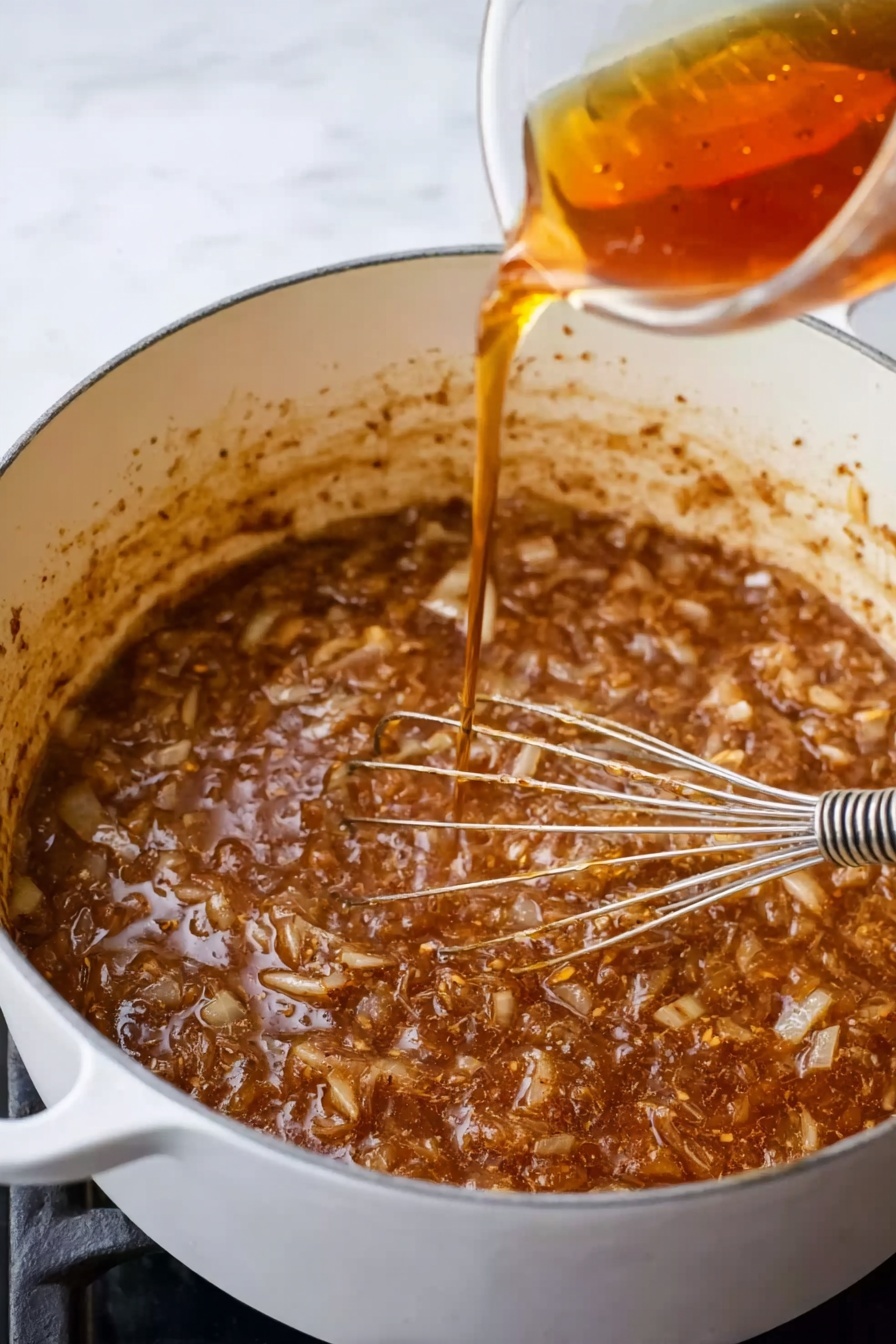 The image shows a white pot filled with a thick, brown mixture that has visible soft white onions and bits of spices or herbs mixed in, giving a textured look. A metal whisk is resting inside the pot, stirring the contents. From above, a clear amber liquid is being poured into the pot, creating small bubbles on the surface of the thick mixture. The pot sits on a clean white marbled surface. Photo taken with an iphone --ar 2:3 --v 7