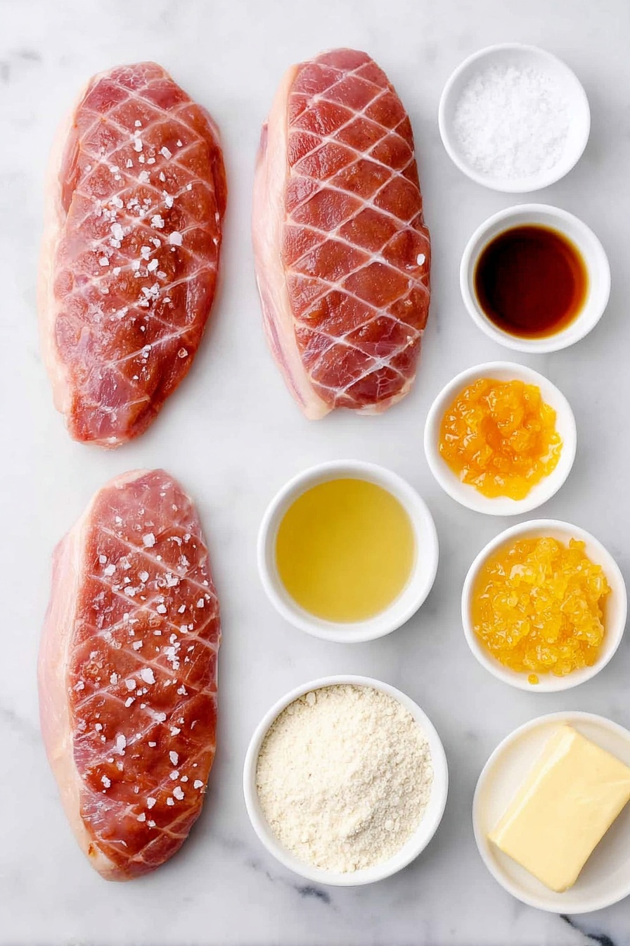 Flat lay of two raw duck breast halves with scored skin, a small pile of coarse salt crystals, a small white bowl of golden chicken broth, a small white bowl of clear orange liqueur, a small white bowl of amber sherry vinegar, a small white bowl holding bright orange Seville marmalade, a small white bowl of finely grated fresh orange zest, a tiny pinch of red cayenne pepper powder, a small white bowl with golden duck fat, a small white bowl of pale beige all-purpose flour, a small white bowl of creamy yellow butter, all arranged symmetrically on a clean white marble surface, soft natural light, photo taken with an iPhone, professional food photography style, fresh ingredients, white ceramic bowls, no bottles, no duplicates, no utensils, no packaging --ar 2:3 --v 7 --p m7354615311229779997