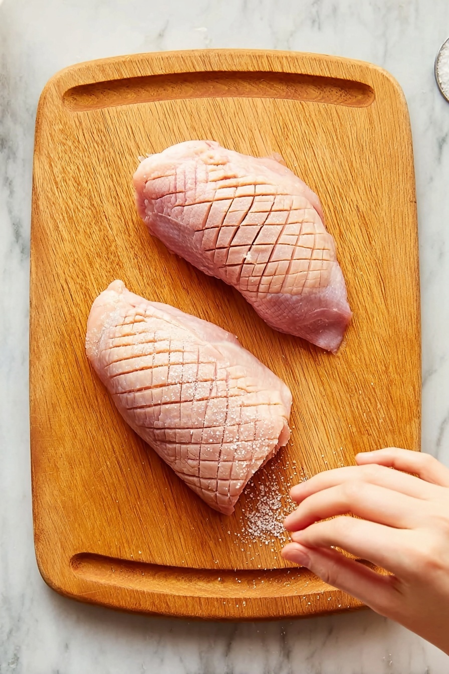 Two uncooked duck meat pieces with pale pink skin and a crisscross pattern scored on the surface lie flat on a wooden cutting board with a natural grain and warm brown color. A woman's hand is seen in the lower right corner sprinkling salt or seasoning over the right piece of meat. The textured cutting board sits on a white marbled surface. Photo taken with an iphone --ar 2:3 --v 7