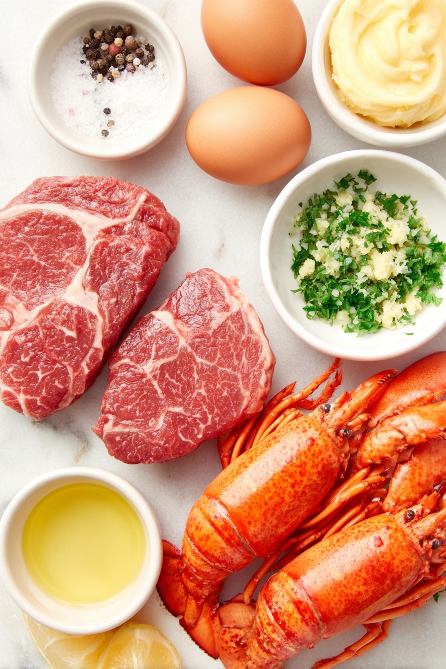 Flat lay of two raw filet mignon steaks with marbling, two bright red lobster tails with intact shells, a small white ceramic bowl of softened yellow butter mixed with finely minced shallot, minced garlic, and chopped fresh green parsley, a small white bowl of golden olive oil, a small white bowl of fresh pale yellow lemon juice, two whole uncracked brown eggs, a few lemon wedges with vibrant yellow peel and juicy interiors, a small heap of coarse kosher salt crystals, and a small pile of freshly ground black peppercorns, all arranged symmetrically on a clean white marble surface, soft natural light, photo taken with an iPhone, professional food photography style, fresh ingredients, white ceramic bowls, no bottles, no duplicates, no utensils, no packaging --ar 2:3 --v 7 --p m7354615311229779997