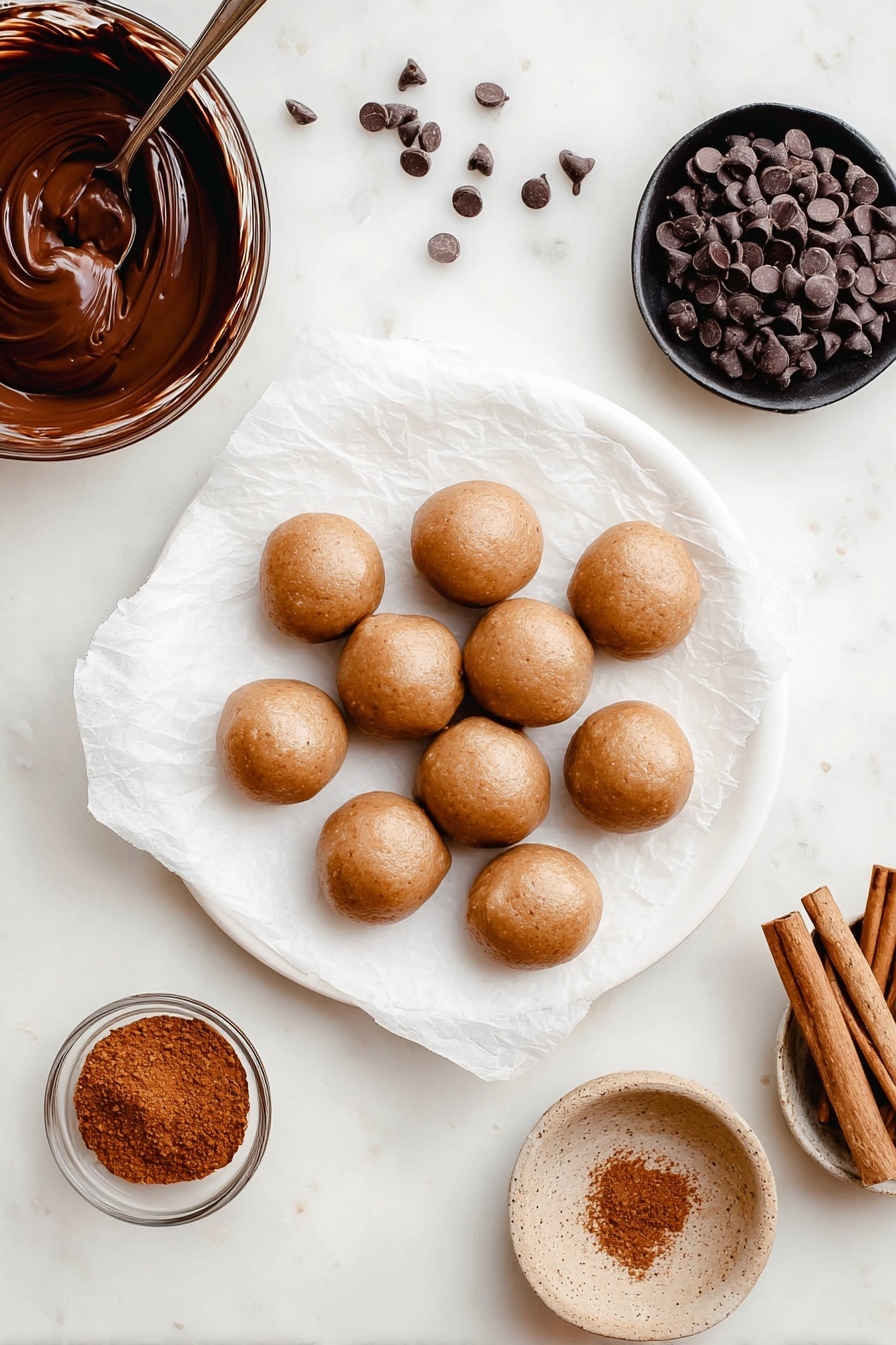 There is a white plate with a white paper on it holding twelve smooth, round, light brown dough balls arranged in a loose group. To the left, a glass bowl filled with melted dark chocolate is partially visible with a spoon inside. At the top right, a small black dish holds many dark chocolate chips, with a few chips scattered nearby on the surface. Below that, a small clear bowl contains a reddish brown powder, and further down there is a rough-textured small bowl with three cinnamon sticks inside. The whole scene is set on a white marbled surface. photo taken with an iphone --ar 2:3 --v 7
