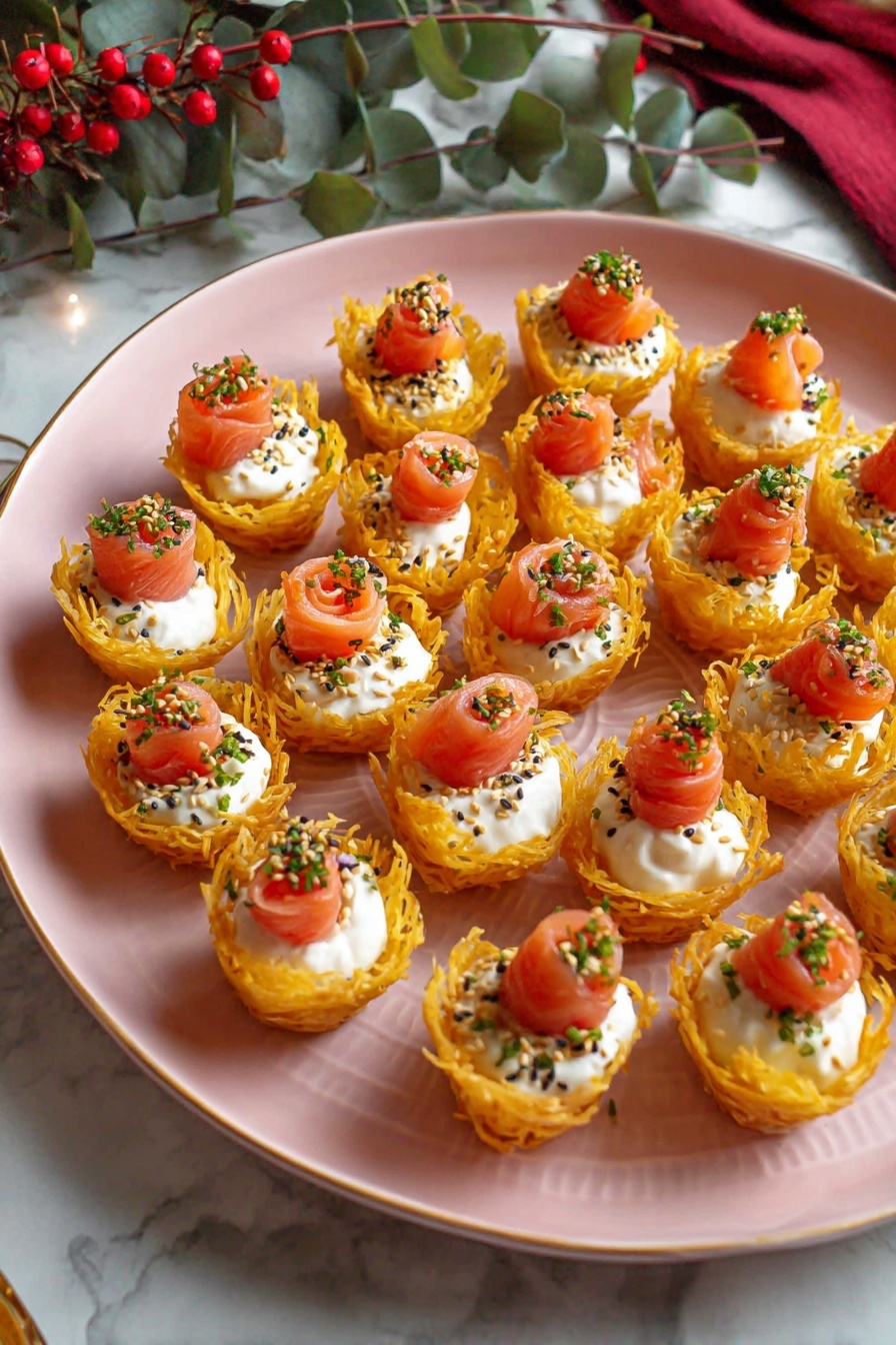 A round pink plate is filled with twenty small, golden-yellow crispy cups arranged neatly. Each cup holds a dollop of white creamy filling, topped with a small, rolled piece of bright pink smoked salmon. The salmon is garnished with finely chopped green herbs and a sprinkle of black and white sesame seeds. The plate sits on a white marbled surface, with some sprigs of red berries and green leaves blurred in the background for decoration. Photo taken with an iphone --ar 2:3 --v 7
