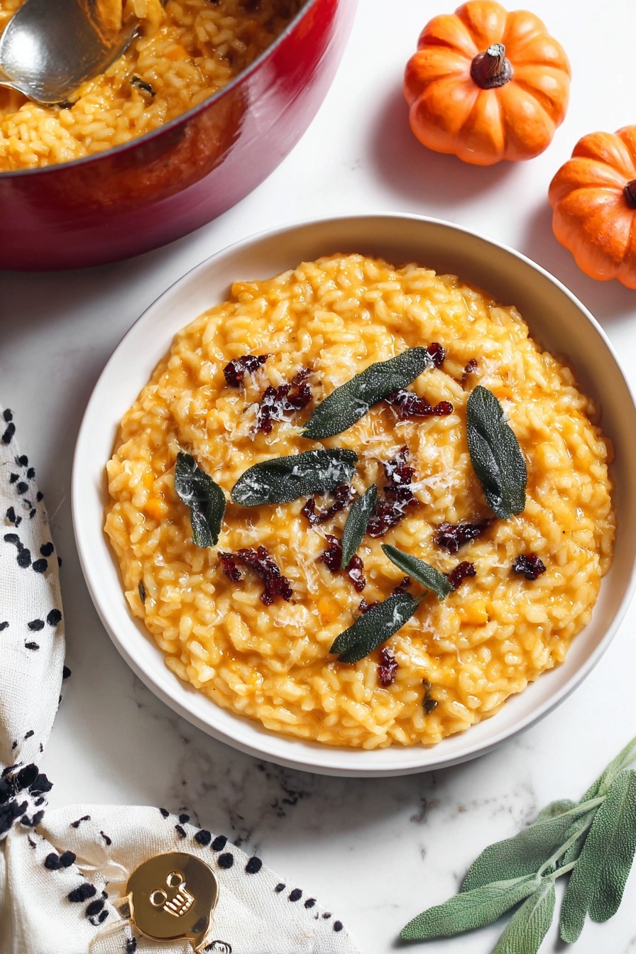 A white shallow bowl holds a creamy orange risotto spread evenly to the edges, topped with dark green crispy sage leaves scattered across the surface, small dark brown bits evenly spread, and light shreds of white cheese sprinkled over. Surrounding the bowl, the surface is a white marbled texture with two small orange pumpkin-shaped salt and pepper shakers placed behind it. To the left, a red pot with more risotto inside is partially visible, with a silver spoon resting in it. A white cloth with black speckles and a gold skull-shaped napkin ring lies in the lower left corner. Photo taken with an iphone --ar 2:3 --v 7